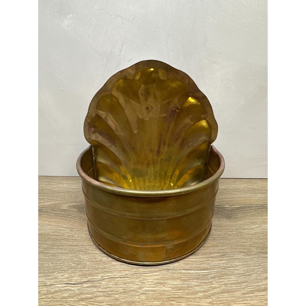 Vintage Brass Patina Wall Hanging Planter Wall Pocket Shell Back 9.75x6.25x4.5